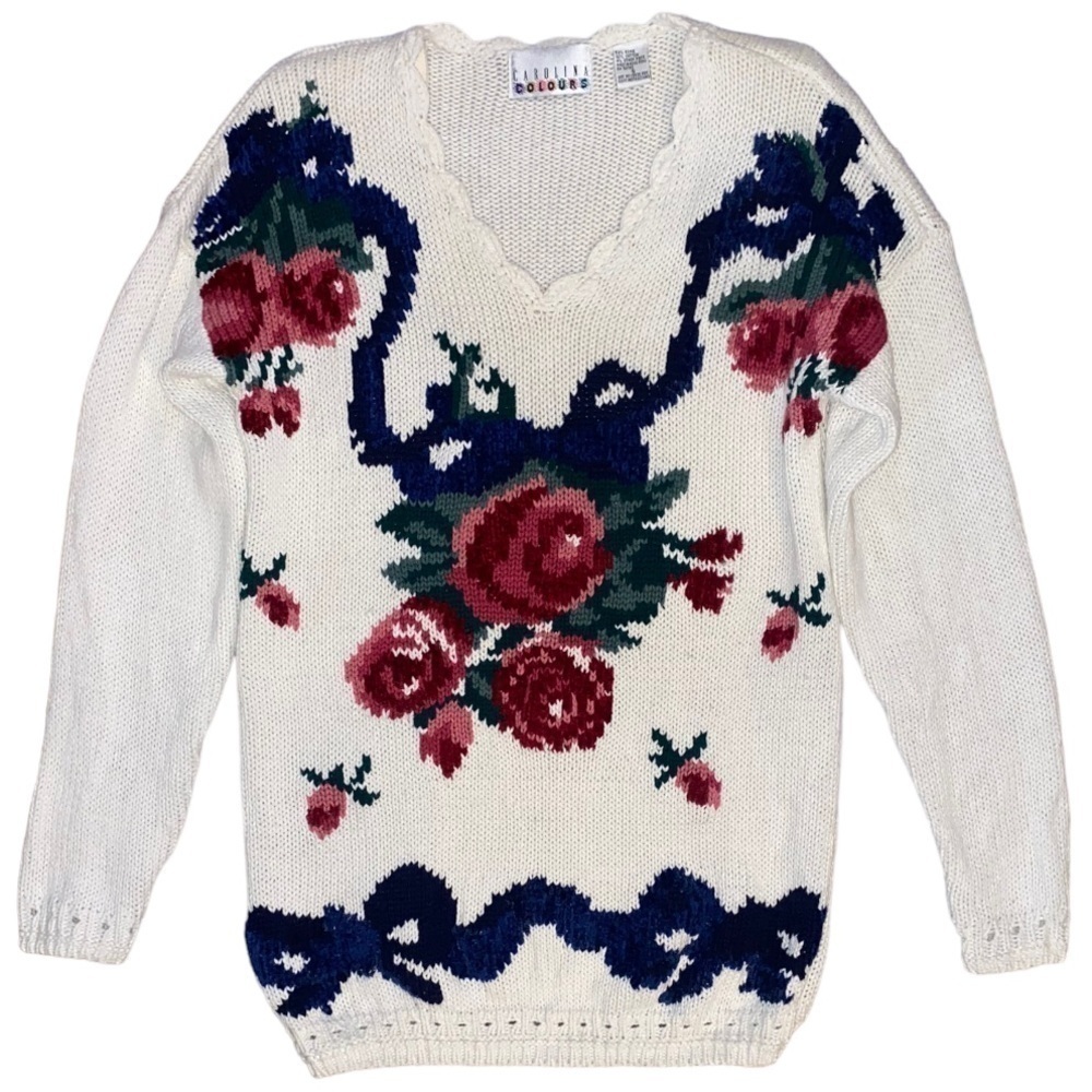 Vintage Floral Chunky Knit Cottagecore Coastal Grandma Loose Knit 80s Sweater